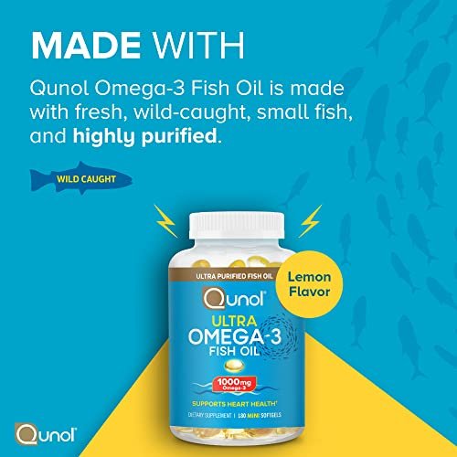 Qunol Omega-3 Fischöl Mini Weichkapseln, 1000 mg EPA + DHA, hochreine Nahrungsergänzung, Herzunterstützung, Zitronengeschmack, leicht zu schlucken, 3-Monats-Vorrat, 180 Stück