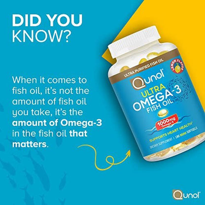 Qunol Omega-3 Fischöl Mini Weichkapseln, 1000 mg EPA + DHA, hochreine Nahrungsergänzung, Herzunterstützung, Zitronengeschmack, leicht zu schlucken, 3-Monats-Vorrat, 180 Stück