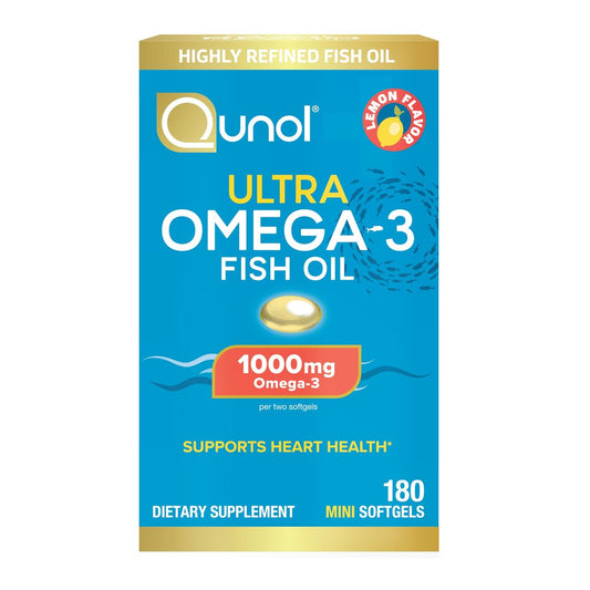 Qunol Omega-3 Fischöl Mini Weichkapseln, 1000 mg EPA + DHA, hochreine Nahrungsergänzung, Herzunterstützung, Zitronengeschmack, leicht zu schlucken, 3-Monats-Vorrat, 180 Stück