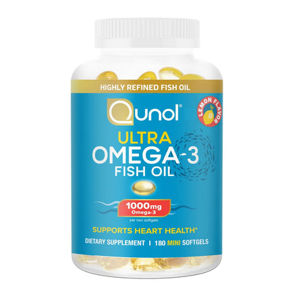 Qunol Omega-3 Fischöl Mini Weichkapseln, 1000 mg EPA + DHA, hochreine Nahrungsergänzung, Herzunterstützung, Zitronengeschmack, leicht zu schlucken, 3-Monats-Vorrat, 180 Stück