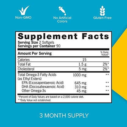 Qunol Omega-3 Fischöl Mini Weichkapseln, 1000 mg EPA + DHA, hochreine Nahrungsergänzung, Herzunterstützung, Zitronengeschmack, leicht zu schlucken, 3-Monats-Vorrat, 180 Stück