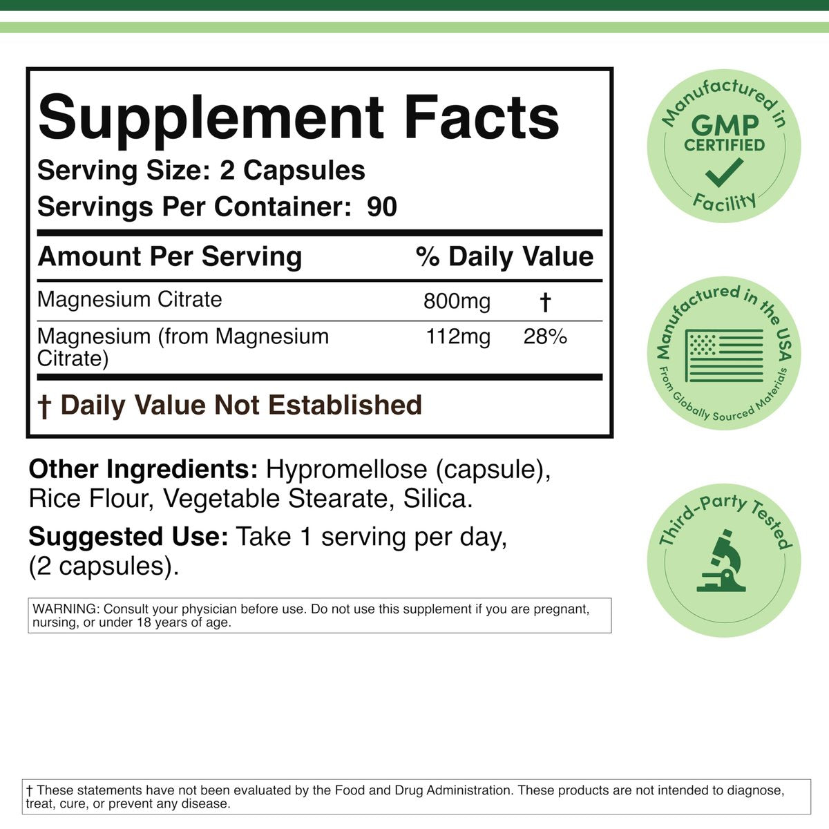 Magnesiumcitrat 800mg, 180 Kapseln – Unterstützung für Verdauung & Verstopfung, Vegan, Nicht-GMO, Double Wood Supplements