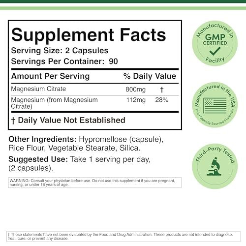 Magnesiumcitrat 800mg, 180 Kapseln – Unterstützung für Verdauung & Verstopfung, Vegan, Nicht-GMO, Double Wood Supplements
