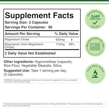 Magnesiumcitrat 800mg, 180 Kapseln – Unterstützung für Verdauung & Verstopfung, Vegan, Nicht-GMO, Double Wood Supplements