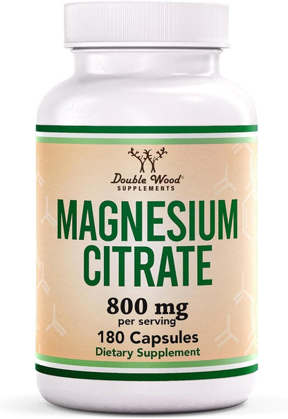 Magnesiumcitrat 800mg, 180 Kapseln – Unterstützung für Verdauung & Verstopfung, Vegan, Nicht-GMO, Double Wood Supplements