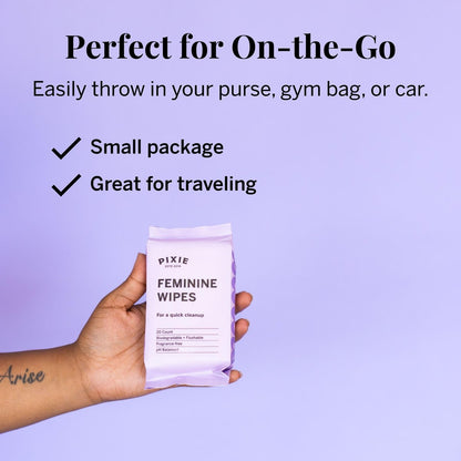 Pixie Feminine Wipes – Für unterwegs: Feuchttücher für die Intimhygiene – Sicher für Menstruationstassen & Scheiben – Biologisch abbaubar, spülbar, pH-neutral & unparfümiert (20 Tücher)