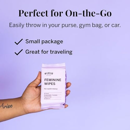 Pixie Feminine Wipes – Für unterwegs: Feuchttücher für die Intimhygiene – Sicher für Menstruationstassen & Scheiben – Biologisch abbaubar, spülbar, pH-neutral & unparfümiert (20 Tücher)