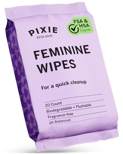 Pixie Feminine Wipes – Für unterwegs: Feuchttücher für die Intimhygiene – Sicher für Menstruationstassen & Scheiben – Biologisch abbaubar, spülbar, pH-neutral & unparfümiert (20 Tücher)