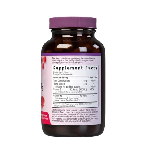 Bluebonnet Nutrition Vitamin D3 & K2 EarthSweet Kautabletten, für Immunsystem, Stimmung und Herzgesundheit*, Sojafrei, Glutenfrei, Nicht-GVO, Koscher Milchfrei, 60 Himbeer-Geschmack Kautabletten, 60 Portionen