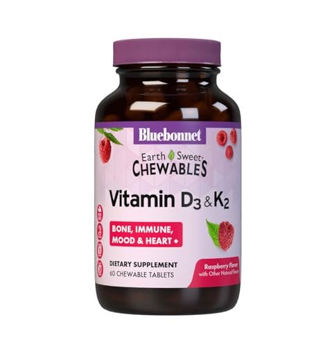Bluebonnet Nutrition Vitamin D3 & K2 EarthSweet Kautabletten, für Immunsystem, Stimmung und Herzgesundheit*, Sojafrei, Glutenfrei, Nicht-GVO, Koscher Milchfrei, 60 Himbeer-Geschmack Kautabletten, 60 Portionen