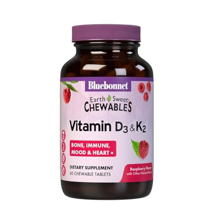 Bluebonnet Nutrition Vitamin D3 & K2 EarthSweet Kautabletten, für Immunsystem, Stimmung und Herzgesundheit*, Sojafrei, Glutenfrei, Nicht-GVO, Koscher Milchfrei, 60 Himbeer-Geschmack Kautabletten, 60 Portionen