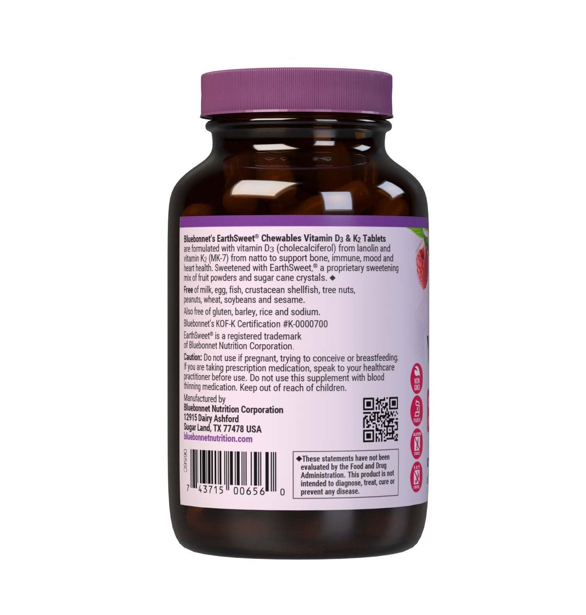 Bluebonnet Nutrition Vitamin D3 & K2 EarthSweet Kautabletten, für Immunsystem, Stimmung und Herzgesundheit*, Sojafrei, Glutenfrei, Nicht-GVO, Koscher Milchfrei, 60 Himbeer-Geschmack Kautabletten, 60 Portionen