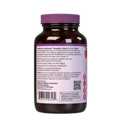 Bluebonnet Nutrition Vitamin D3 & K2 EarthSweet Kautabletten, für Immunsystem, Stimmung und Herzgesundheit*, Sojafrei, Glutenfrei, Nicht-GVO, Koscher Milchfrei, 60 Himbeer-Geschmack Kautabletten, 60 Portionen