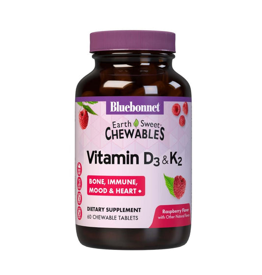 Bluebonnet Nutrition Vitamin D3 & K2 EarthSweet Kautabletten, für Immunsystem, Stimmung und Herzgesundheit*, Sojafrei, Glutenfrei, Nicht-GVO, Koscher Milchfrei, 60 Himbeer-Geschmack Kautabletten, 60 Portionen