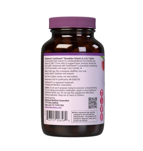 Bluebonnet Nutrition Vitamin D3 & K2 EarthSweet Kautabletten, für Immunsystem, Stimmung und Herzgesundheit*, Sojafrei, Glutenfrei, Nicht-GVO, Koscher Milchfrei, 60 Himbeer-Geschmack Kautabletten, 60 Portionen