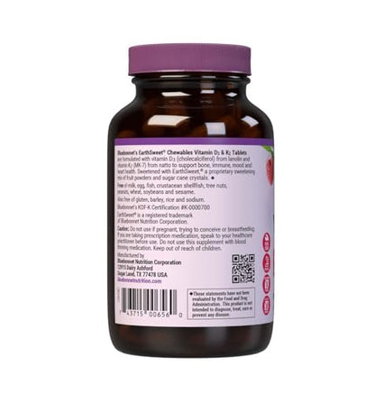 Bluebonnet Nutrition Vitamin D3 & K2 EarthSweet Kautabletten, für Immunsystem, Stimmung und Herzgesundheit*, Sojafrei, Glutenfrei, Nicht-GVO, Koscher Milchfrei, 60 Himbeer-Geschmack Kautabletten, 60 Portionen