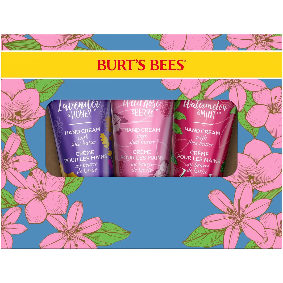 Burt's Bees Frühlingsgeschenk-Set: 3 feuchtigkeitsspendende Handcremes - Lavendel & Honig, Wildrose & Beere, Wassermelone & Minze (3 x 28 g)