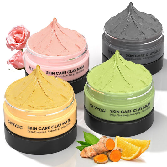 SHVYOG 4er-Set Gesichtsmasken – Kurkuma-Ton, Vitamin C, Grüner Tee, Rose, Totes-Meer-Schlamm – Tiefenreinigung & Porenverfeinerung – 240g