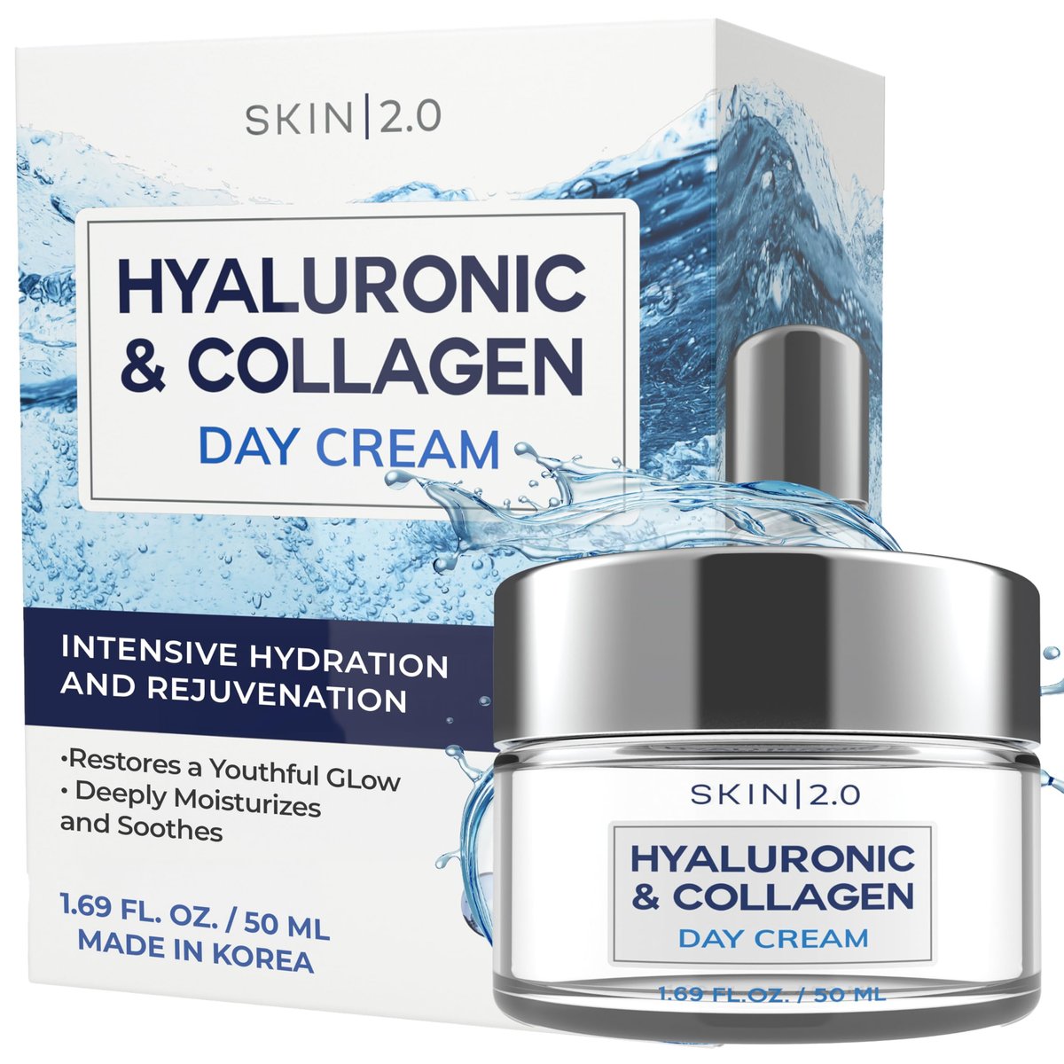 Skin 2.0 Hyaluronsäure & Kollagen Gesichtscreme – Tiefenhydratation, Straffung & Anti-Aging Tagescreme für trockene Haut – Dermatologisch getestet, Koreanische Hautpflege für alle Hauttypen, Clean Beauty – 1,69 Oz