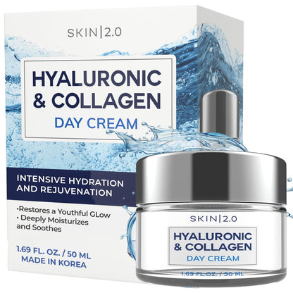 Skin 2.0 Hyaluronsäure & Kollagen Gesichtscreme – Tiefenhydratation, Straffung & Anti-Aging Tagescreme für trockene Haut – Dermatologisch getestet, Koreanische Hautpflege für alle Hauttypen, Clean Beauty – 1,69 Oz
