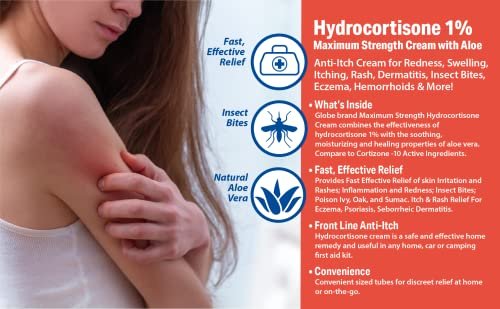 Globe Hydrocortison Creme Max Stärke 1% mit Aloe Vera, 16 Unzen – Anti-Juckreiz Creme bei Rötungen, Schwellungen, Juckreiz, Hautausschlag, Insektenstichen, Ekzemen, Hämorrhoiden und mehr, 16 Unzen Glas