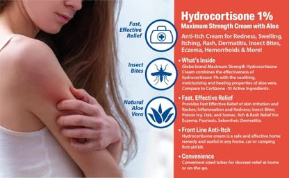 Globe Hydrocortison Creme Max Stärke 1% mit Aloe Vera, 16 Unzen – Anti-Juckreiz Creme bei Rötungen, Schwellungen, Juckreiz, Hautausschlag, Insektenstichen, Ekzemen, Hämorrhoiden und mehr, 16 Unzen Glas