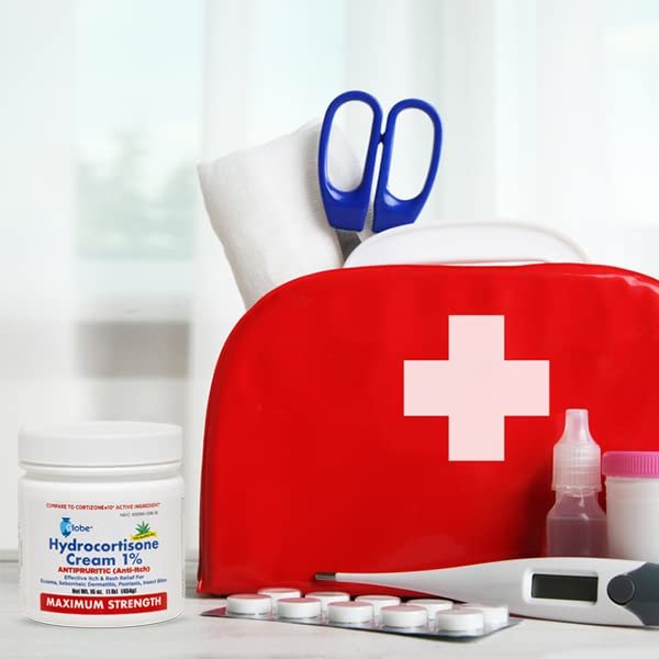 Globe Hydrocortison Creme Max Stärke 1% mit Aloe Vera, 16 Unzen – Anti-Juckreiz Creme bei Rötungen, Schwellungen, Juckreiz, Hautausschlag, Insektenstichen, Ekzemen, Hämorrhoiden und mehr, 16 Unzen Glas
