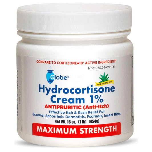 Globe Hydrocortison Creme Max Stärke 1% mit Aloe Vera, 16 Unzen – Anti-Juckreiz Creme bei Rötungen, Schwellungen, Juckreiz, Hautausschlag, Insektenstichen, Ekzemen, Hämorrhoiden und mehr, 16 Unzen Glas