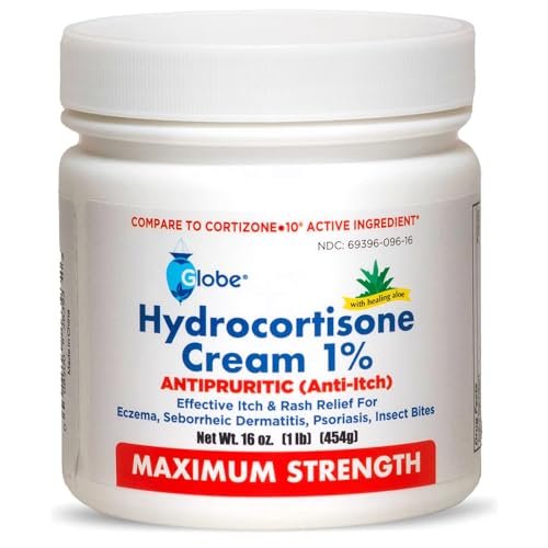 Globe Hydrocortison Creme Max Stärke 1% mit Aloe Vera, 16 Unzen – Anti-Juckreiz Creme bei Rötungen, Schwellungen, Juckreiz, Hautausschlag, Insektenstichen, Ekzemen, Hämorrhoiden und mehr, 16 Unzen Glas