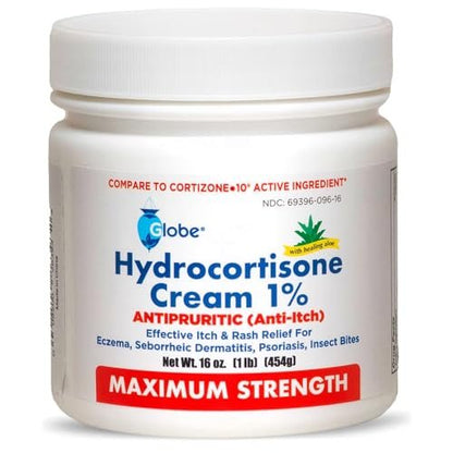 Globe Hydrocortison Creme Max Stärke 1% mit Aloe Vera, 16 Unzen – Anti-Juckreiz Creme bei Rötungen, Schwellungen, Juckreiz, Hautausschlag, Insektenstichen, Ekzemen, Hämorrhoiden und mehr, 16 Unzen Glas