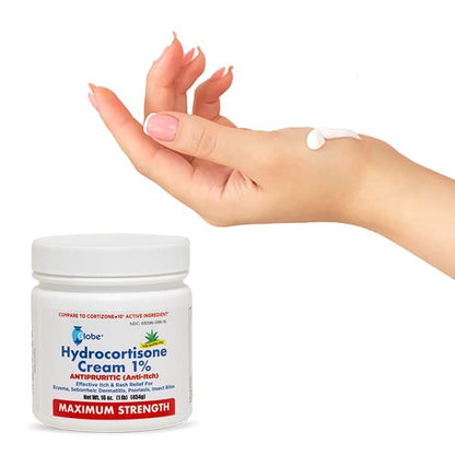 Globe Hydrocortison Creme Max Stärke 1% mit Aloe Vera, 16 Unzen – Anti-Juckreiz Creme bei Rötungen, Schwellungen, Juckreiz, Hautausschlag, Insektenstichen, Ekzemen, Hämorrhoiden und mehr, 16 Unzen Glas