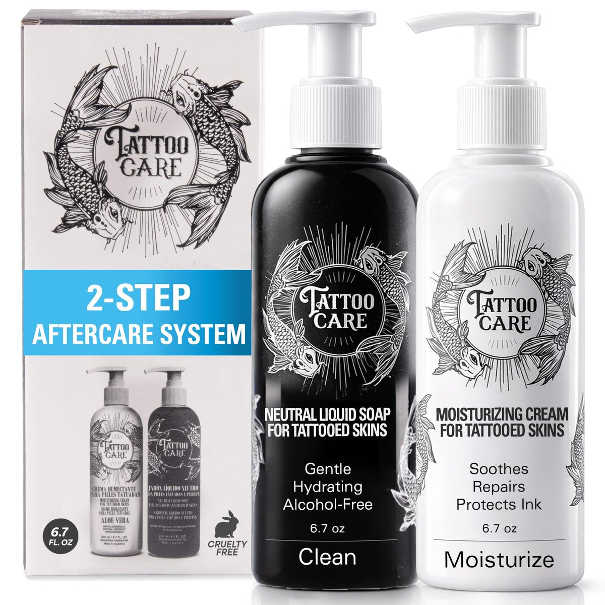 Tattoo Care Tattoo Aftercare Kit – Creme und Seife zur Heilung, Pflege und Farbauffrischung neuer und alter Tattoos – Tierversuchsfrei (Kit 2x 200 ml)