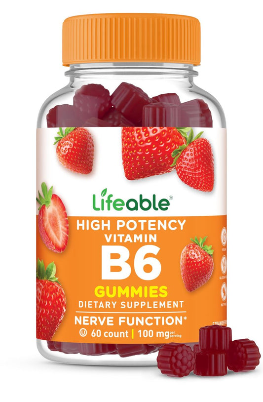 Lifeable Vitamin B6 Gummis | 100 mg | Leckerer B6-Vitamin-Komplex | Vegane B6 Vitamine zur Nervenunterstützung | Für Erwachsene, Männer und Frauen | 60 Gummis