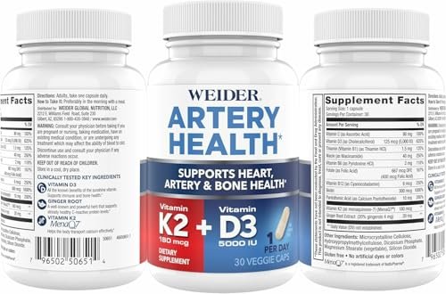 Weider Arteriengesundheit – Arterienflexibilität & Herzgesundheit mit Vitamin K2, D3 & Ingwer – Knochen- & Immununterstützung* – Glutenfrei & Vegan – 30 Veggie-Kapseln