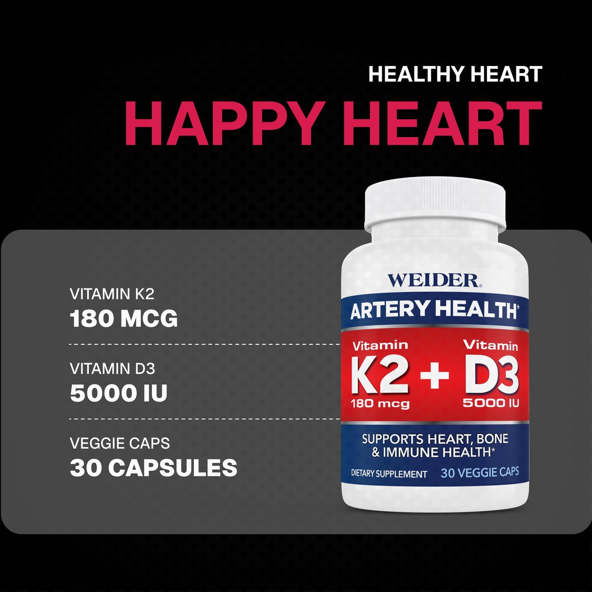 Weider Arteriengesundheit – Arterienflexibilität & Herzgesundheit mit Vitamin K2, D3 & Ingwer – Knochen- & Immununterstützung* – Glutenfrei & Vegan – 30 Veggie-Kapseln