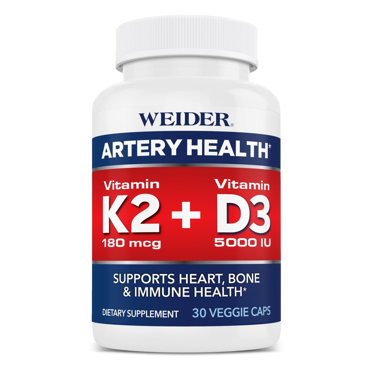 Weider Arteriengesundheit – Arterienflexibilität & Herzgesundheit mit Vitamin K2, D3 & Ingwer – Knochen- & Immununterstützung* – Glutenfrei & Vegan – 30 Veggie-Kapseln