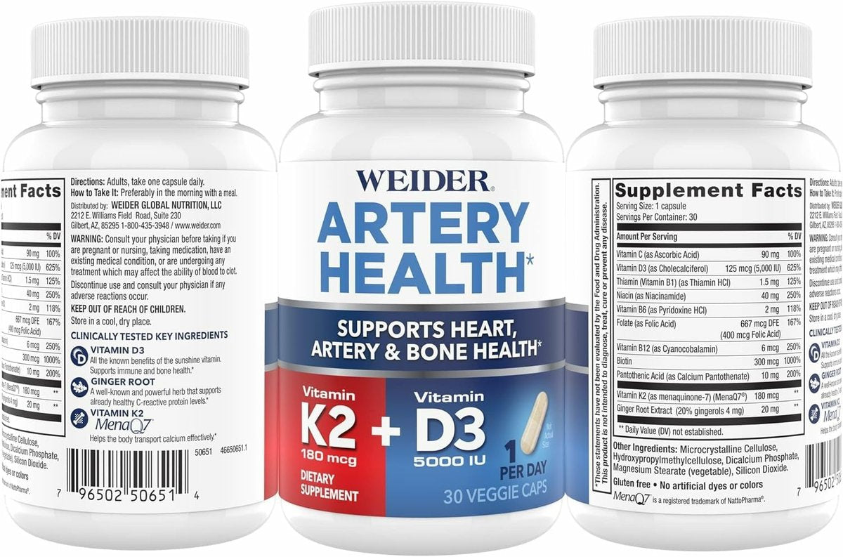 Weider Arteriengesundheit – Arterienflexibilität & Herzgesundheit mit Vitamin K2, D3 & Ingwer – Knochen- & Immununterstützung* – Glutenfrei & Vegan – 30 Veggie-Kapseln