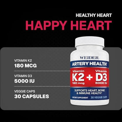 Weider Arteriengesundheit – Arterienflexibilität & Herzgesundheit mit Vitamin K2, D3 & Ingwer – Knochen- & Immununterstützung* – Glutenfrei & Vegan – 30 Veggie-Kapseln