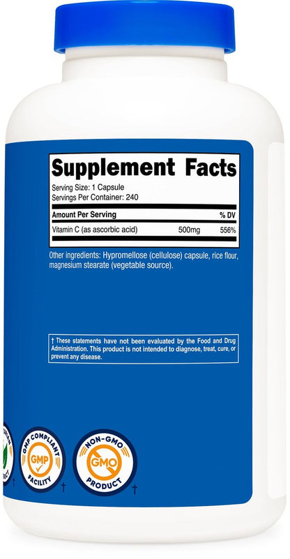 Nutricost Vitamin C 500mg, 240 Kapseln – Vegetarisch, Glutenfrei & Non-GMO