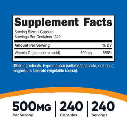 Nutricost Vitamin C 500mg, 240 Kapseln – Vegetarisch, Glutenfrei & Non-GMO