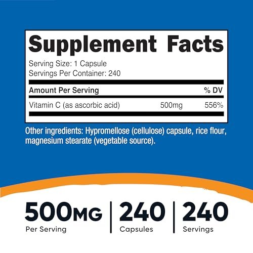 Nutricost Vitamin C 500mg, 240 Kapseln – Vegetarisch, Glutenfrei & Non-GMO