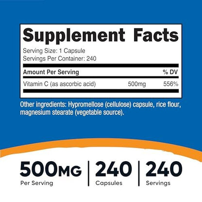Nutricost Vitamin C 500mg, 240 Kapseln – Vegetarisch, Glutenfrei & Non-GMO