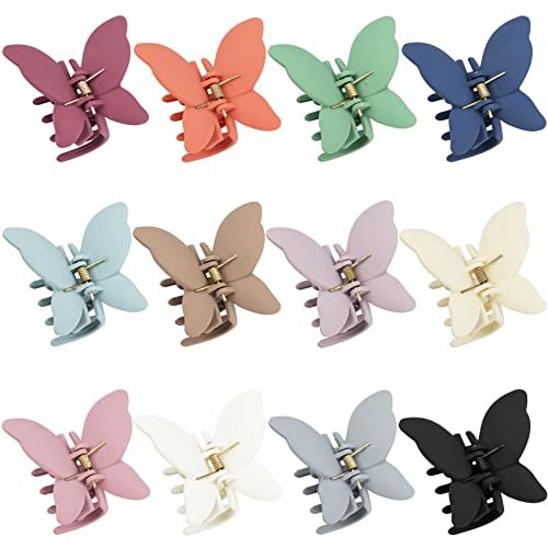 12 Stück Niedliche Butterfly-Haarclips, 2,6 Zoll, rutschfest, matt, Krokodil-Clips, 12 Farben, starker Halt, für Frauen, Mädchen, dünnes und dickes Haar