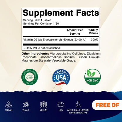 Vitamatic Vitamin D2 60 mcg (2400 IE) – Ergocalciferol – 180 vegane Tabletten