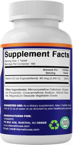 Vitamatic Vitamin D2 60 mcg (2400 IE) – Ergocalciferol – 180 vegane Tabletten