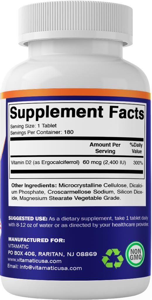 Vitamatic Vitamin D2 60 mcg (2400 IE) – Ergocalciferol – 180 vegane Tabletten