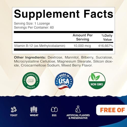 Vitamatic Methyl B12 (Methylcobalamin) 10.000 mcg – 60 Lutschtabletten – Hochwertige Vitamin B12 Quelle für Energie & Nervengesundheit