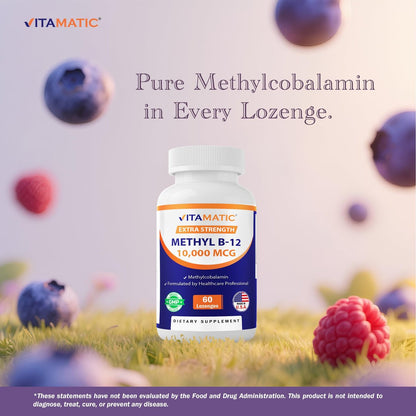 Vitamatic Methyl B12 (Methylcobalamin) 10.000 mcg – 60 Lutschtabletten – Hochwertige Vitamin B12 Quelle für Energie & Nervengesundheit