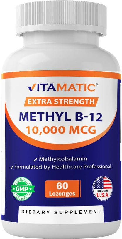 Vitamatic Methyl B12 (Methylcobalamin) 10.000 mcg – 60 Lutschtabletten – Hochwertige Vitamin B12 Quelle für Energie & Nervengesundheit