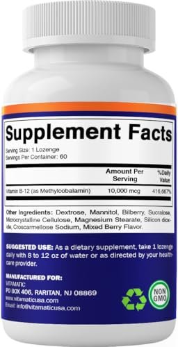 Vitamatic Methyl B12 (Methylcobalamin) 10.000 mcg – 60 Lutschtabletten – Hochwertige Vitamin B12 Quelle für Energie & Nervengesundheit